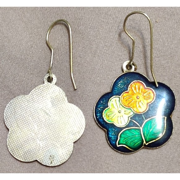Ear Rings Fish Hook Blue Red Green Flower Leaves Enameled Dangle - Picture 2 of 3